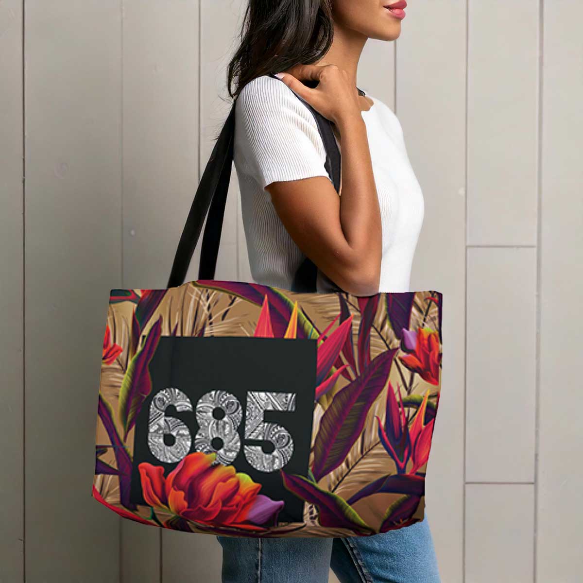 MWW on Demand Tote Weekender Bag in Paradise design, spacious tote bag with tropical print, perfect for travel or daily use.