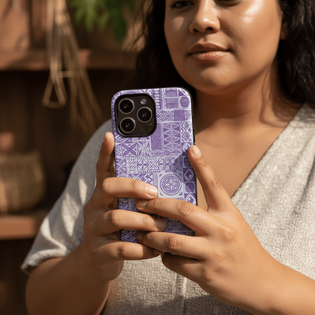 Lavender Elei tough phone case for iPhone and Samsung, durable protective cover with Polynesian-inspired design.
