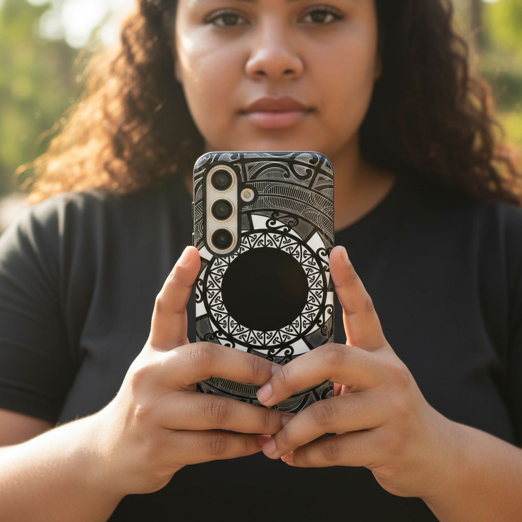 Durable Māori print phone case by Printify designed for AU, NZ, and US models, featuring traditional Māori patterns.