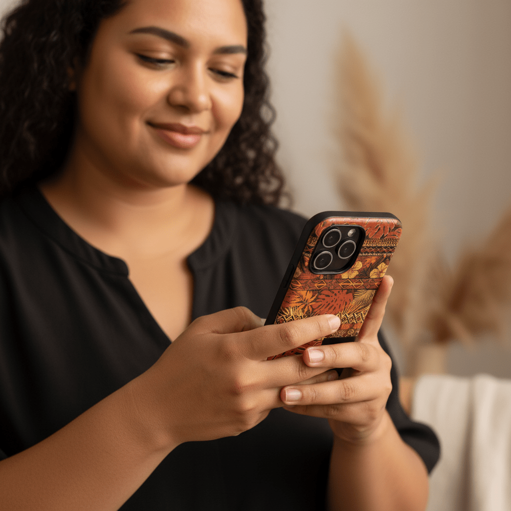 WOYC Tough Phone Case with Poutasi Promise design, durable protection, featuring vibrant Samoan-inspired artwork.