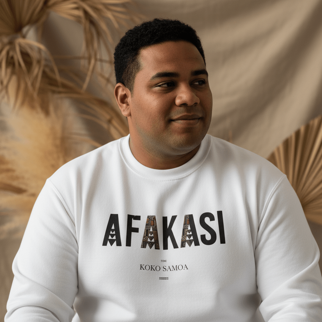 Unisex heavy sweatshirt by Printify featuring personalized Afakasi design with Samoa and Koko Samoa symbols.