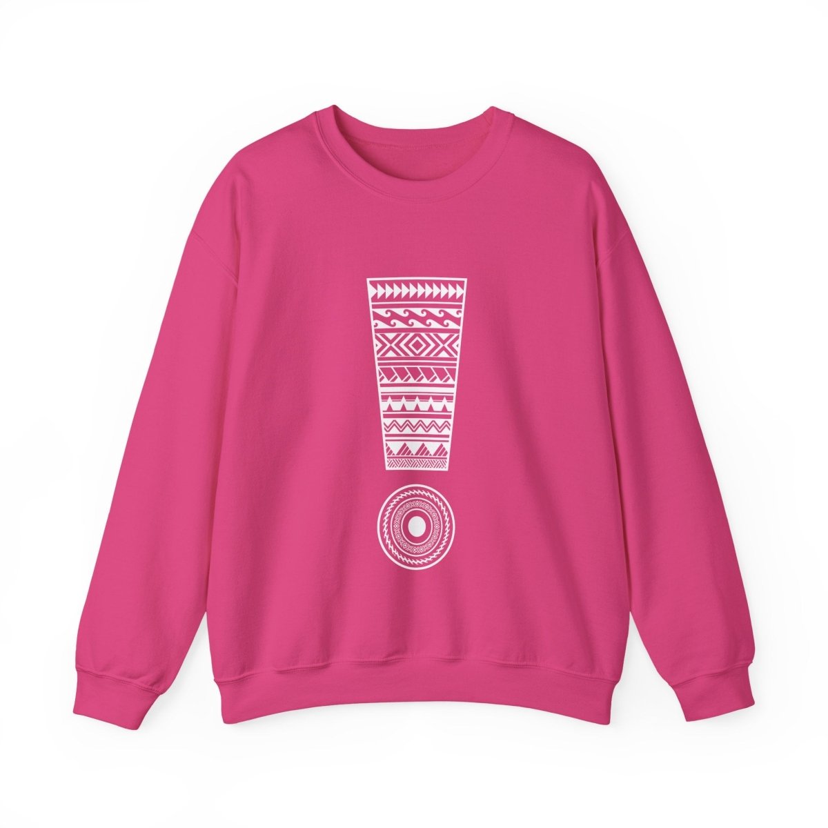 Unisex heavy sweatshirt by The Print Bar with "Exclaim" design, worn casually, showcasing its comfortable fit and stylish print.