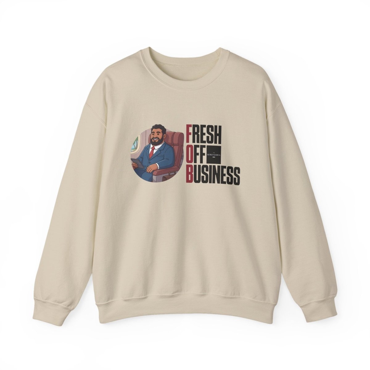 Unisex heavy sweatshirt by The Print Bar, personalized "Fresh Off Business" design, in neutral tones, casual and comfortable fit.