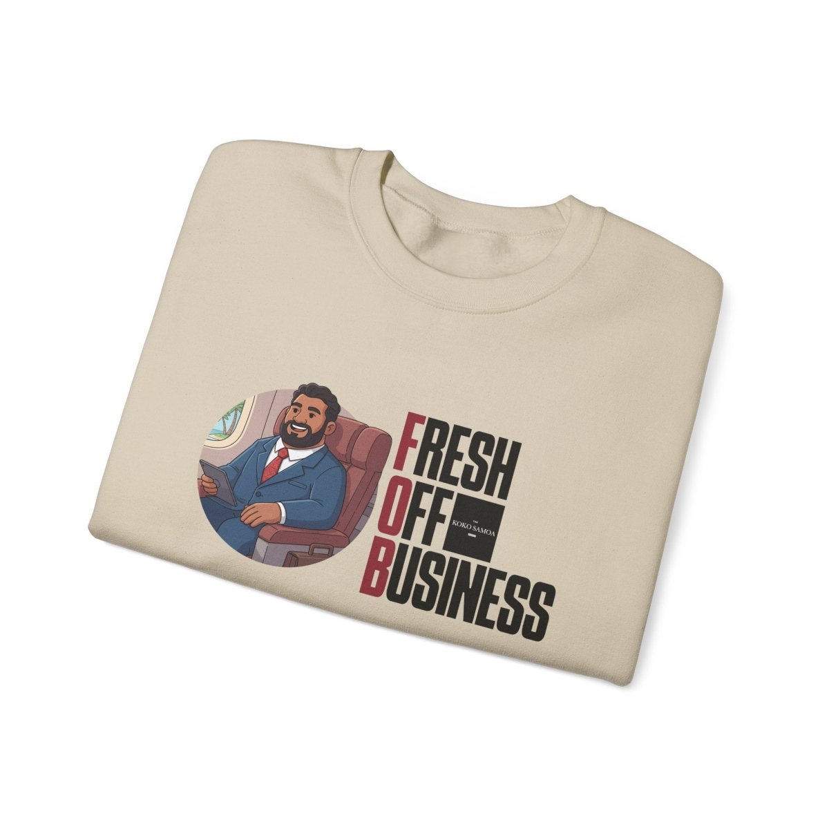 Unisex heavy sweatshirt by The Print Bar featuring personalized "Fresh Off Business" design, in neutral color, casual fit.