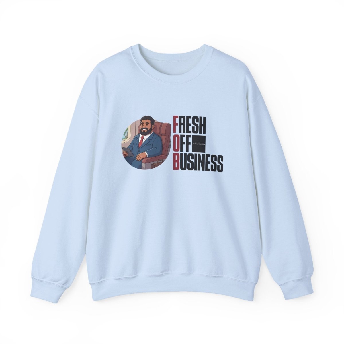 Unisex heavy sweatshirt from The Print Bar with personalized design, featuring "Fresh Off Business" text on a stylish sweatshirt.