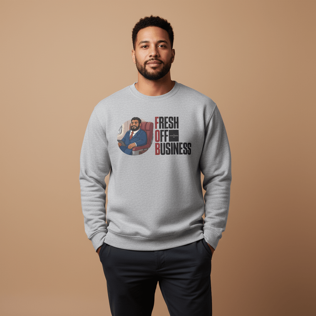 Unisex heavy sweatshirt from The Print Bar featuring a personalized "Fresh Off Business" design with tropical graphics.