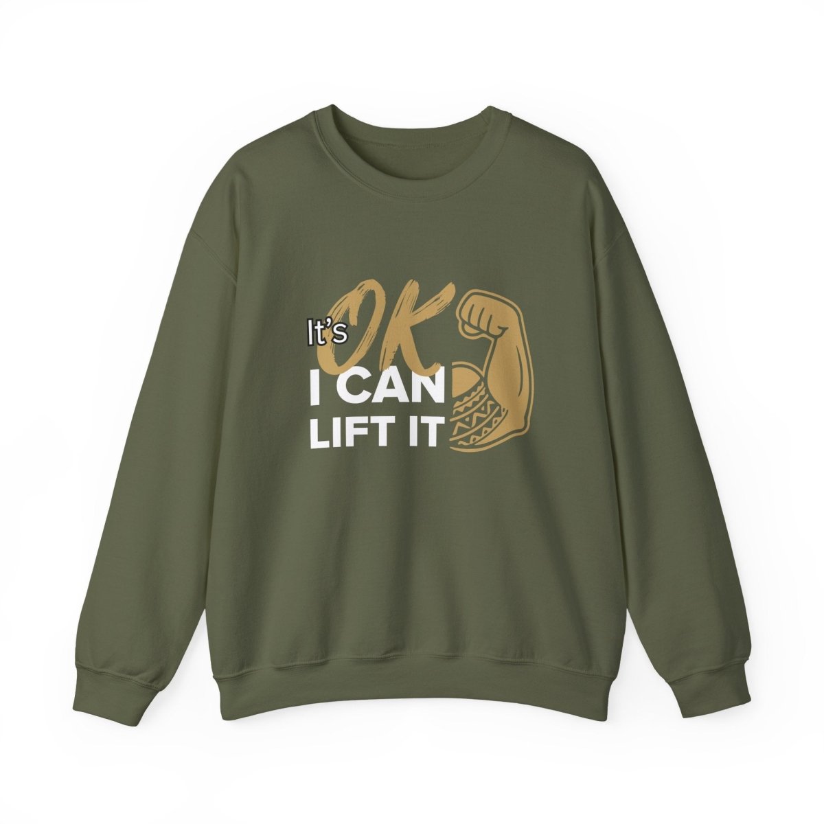 Unisex heavy sweatshirt by The Print Bar featuring "I Can Lift It" text, in black with a crew neck and comfortable fit.