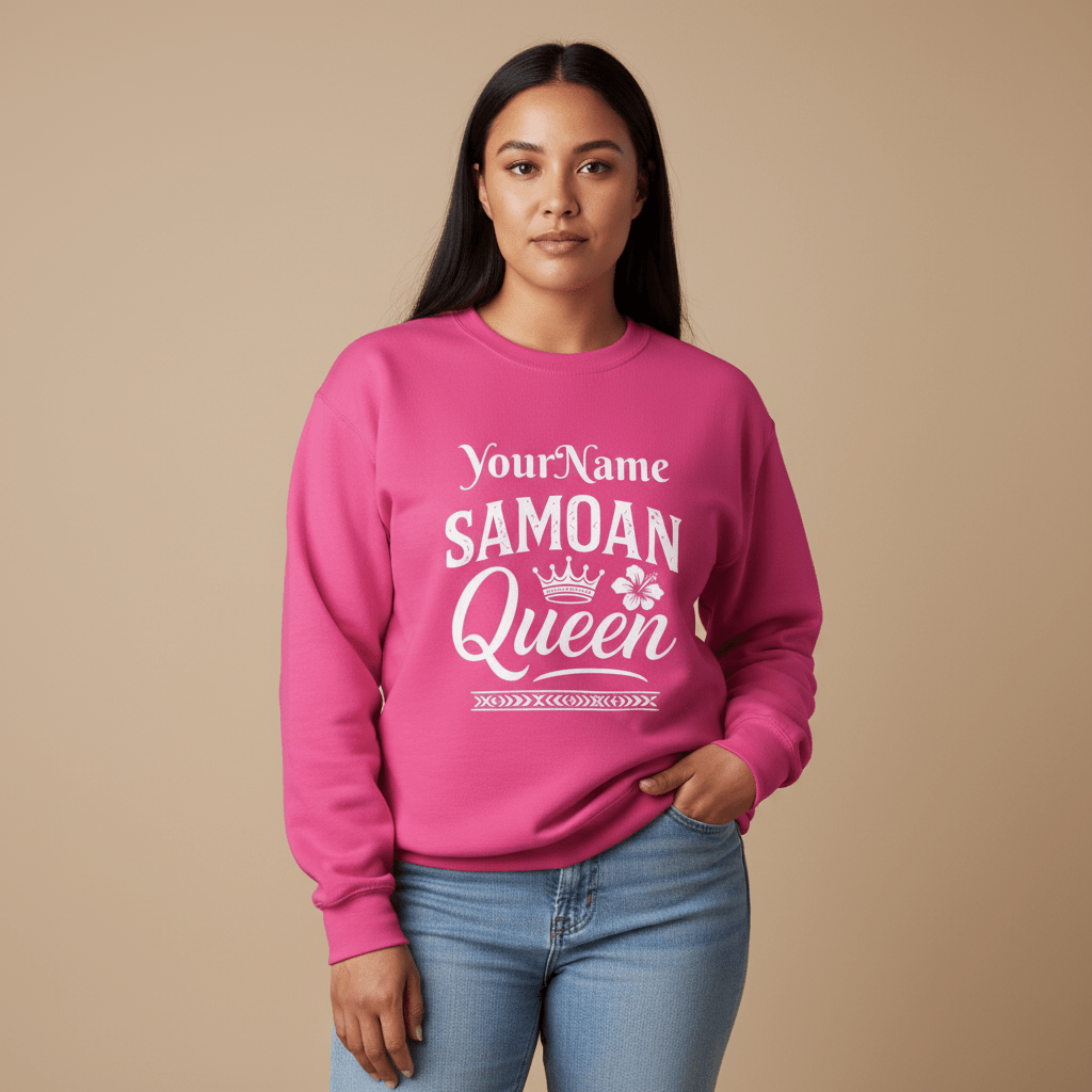 Unisex heavy sweatshirt featuring a Samoan Queen design, personalized print, made in the USA.