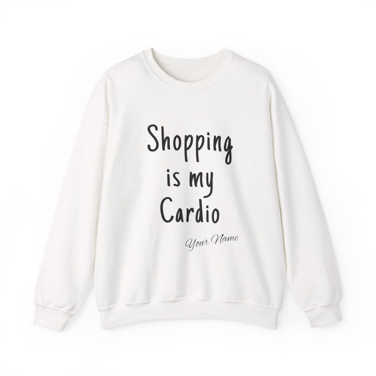 Unisex heavy sweatshirt with "Shopping is My Cardio" print by The Print Bar, featuring casual fit and personalized design.