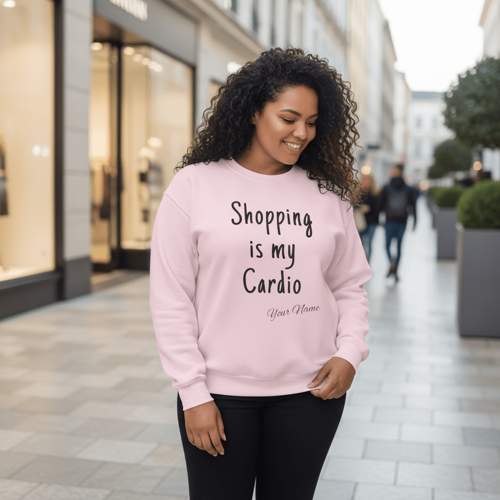 Unisex heavy sweatshirt with "Shopping is My Cardio" personalized print by The Print Bar, featuring a casual, cozy design.