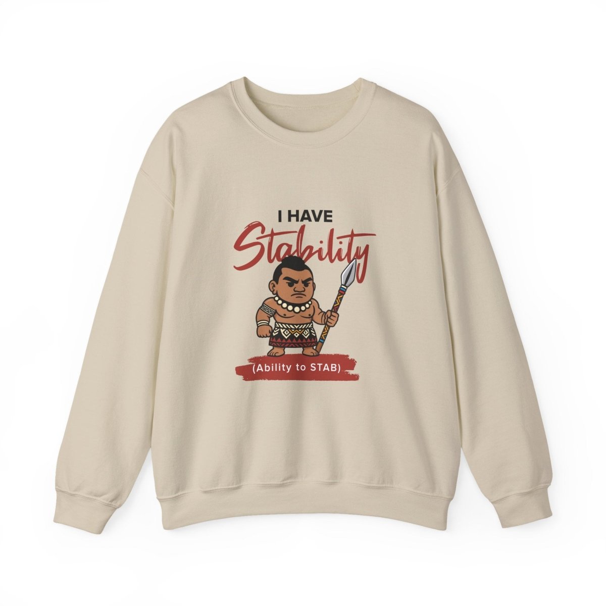 Unisex heavy sweatshirt by The Print Bar with "Stability" design, casual fit, in neutral color, front view.