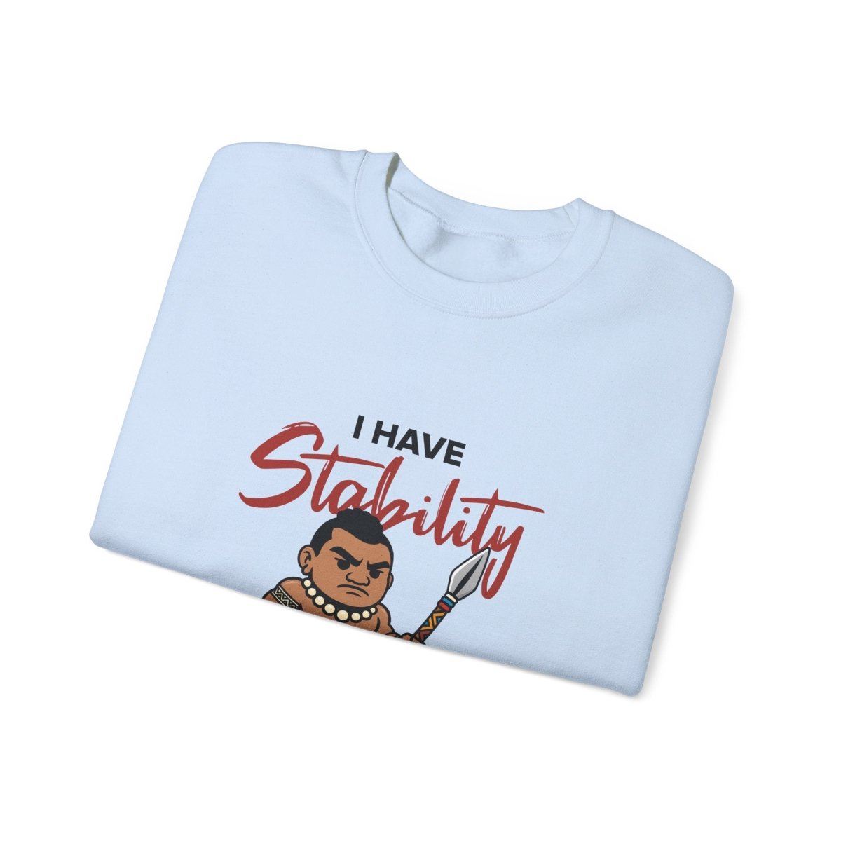 Unisex heavy sweatshirt with "Stability" design by The Print Bar, in dark color, worn casually.