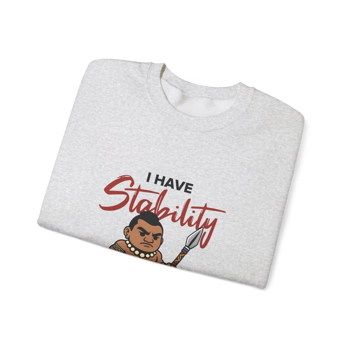 Unisex heavy sweatshirt with "Stability" print by The Print Bar, featuring a comfortable fit and casual style in neutral colors.