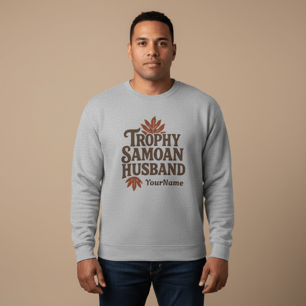 Unisex heavy sweatshirt with "Trophy Samoan Husband" design, personalized, in black, featuring Samoan motifs and branding.