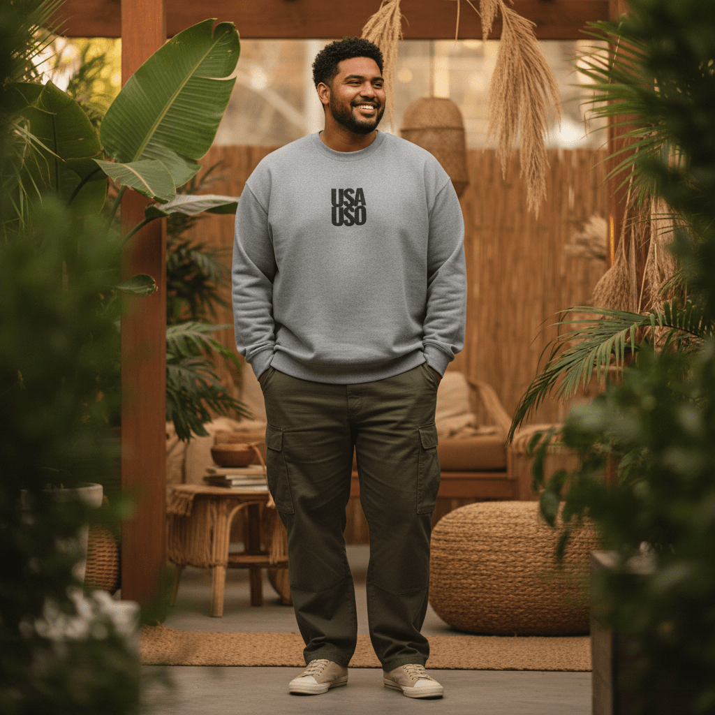 Black Fulfill Engine unisex heavy sweatshirt with USA USO embroidery, featuring a comfortable fit and bold design.