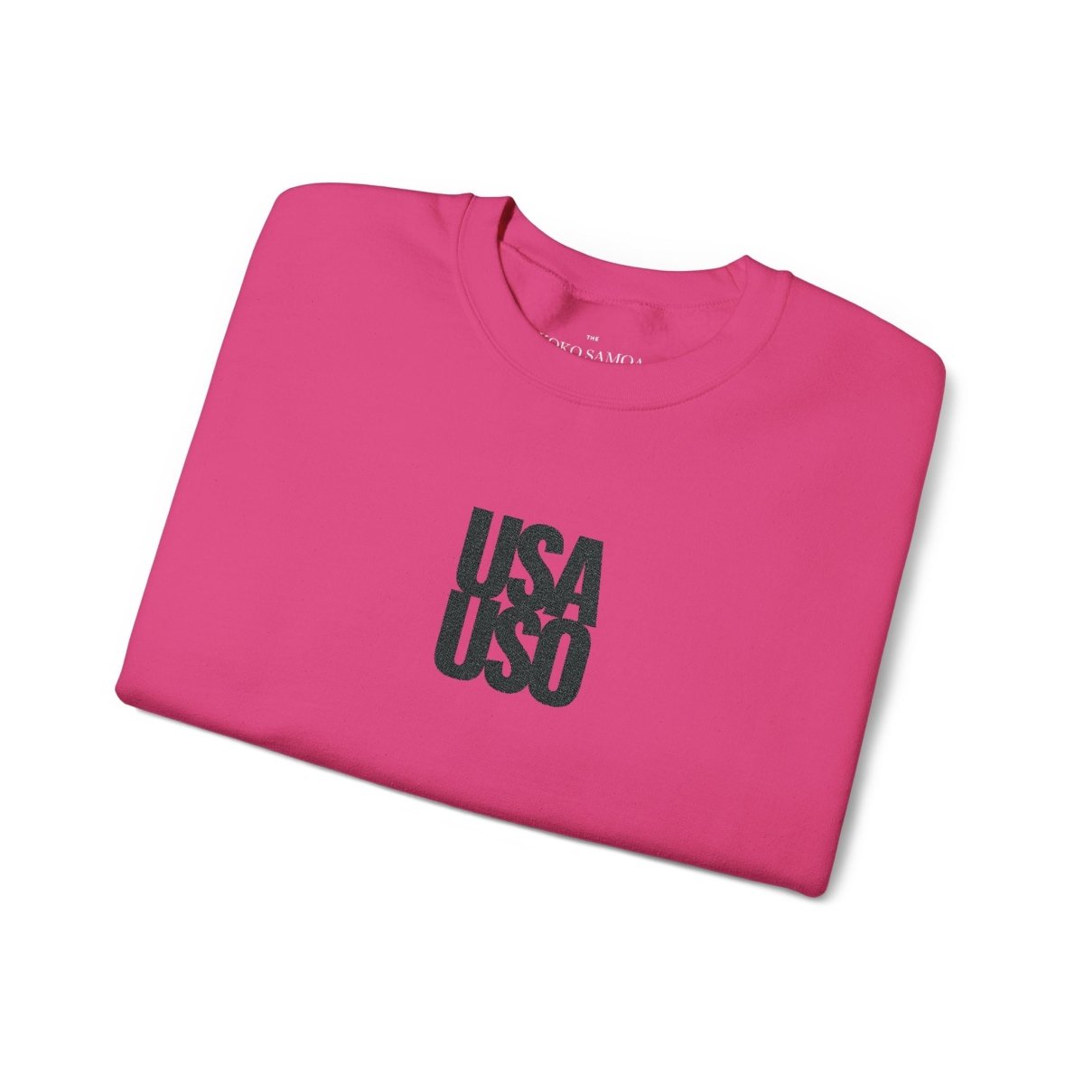 Unisex heavy black sweatshirt with USA USO embroidery by Fulfill Engine, featuring patriotic design on front.