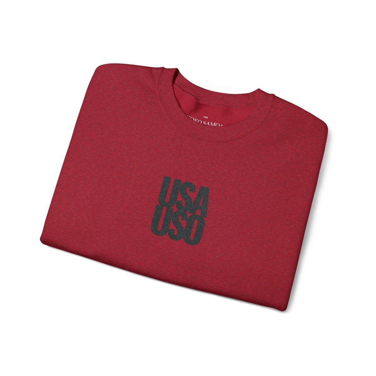Black embroidered unisex heavy sweatshirt by Fulfill Engine featuring USA USO logo, suitable for AU, NZ, and US regions.
