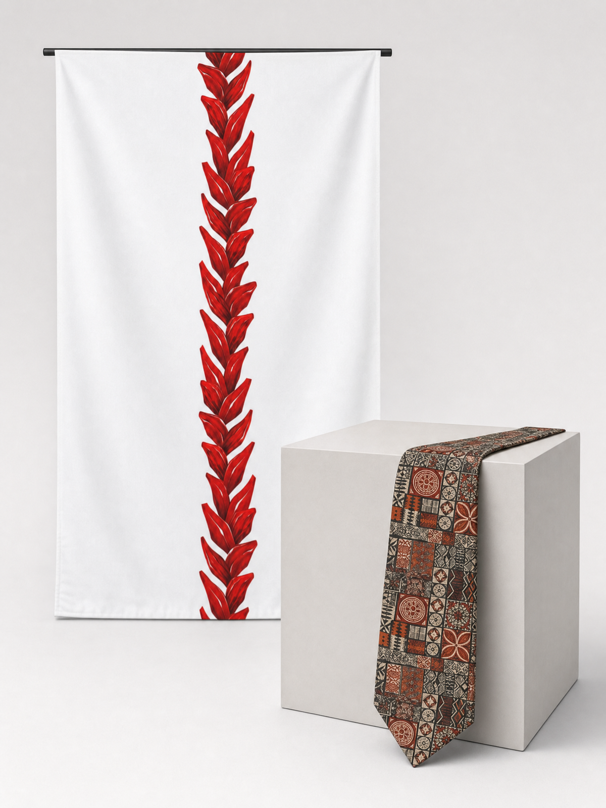 Lotu & Home gift set: Wall Tapestry - Ula Fala and Necktie - Elei, shown together.