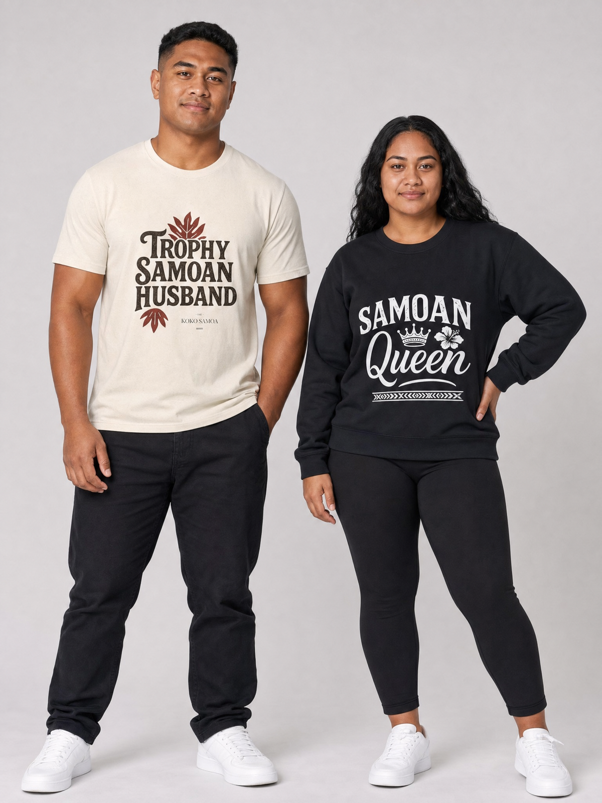 Soa Set gift set: Soft Men's Tee - Trophy Samoan Husband and Unisex Heavy Sweatshirt - Samoan Queen, shown together.