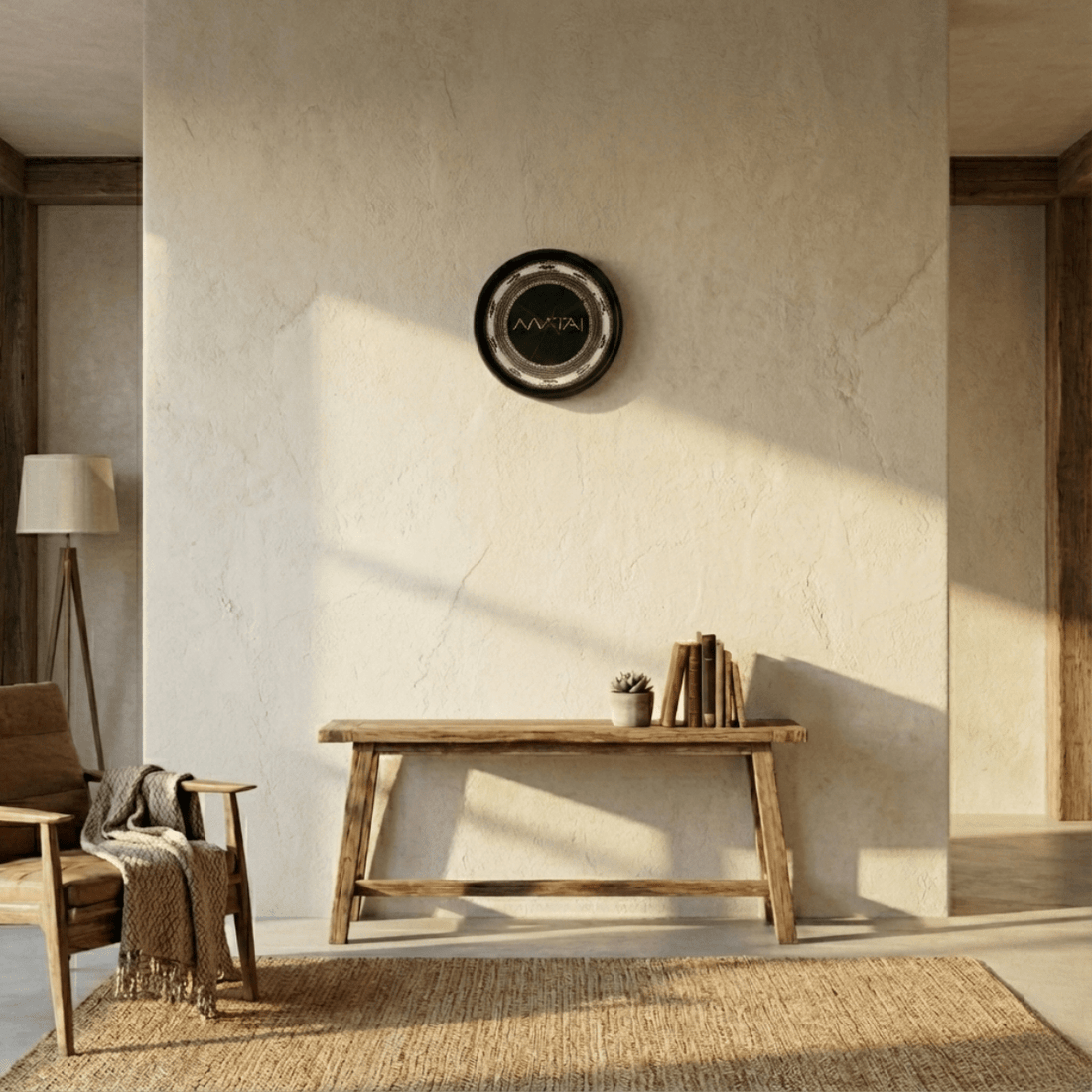 Round Matai wall clock, 10 inches, home decor with a natural wood finish, suitable for AU, NZ, and USA interiors.