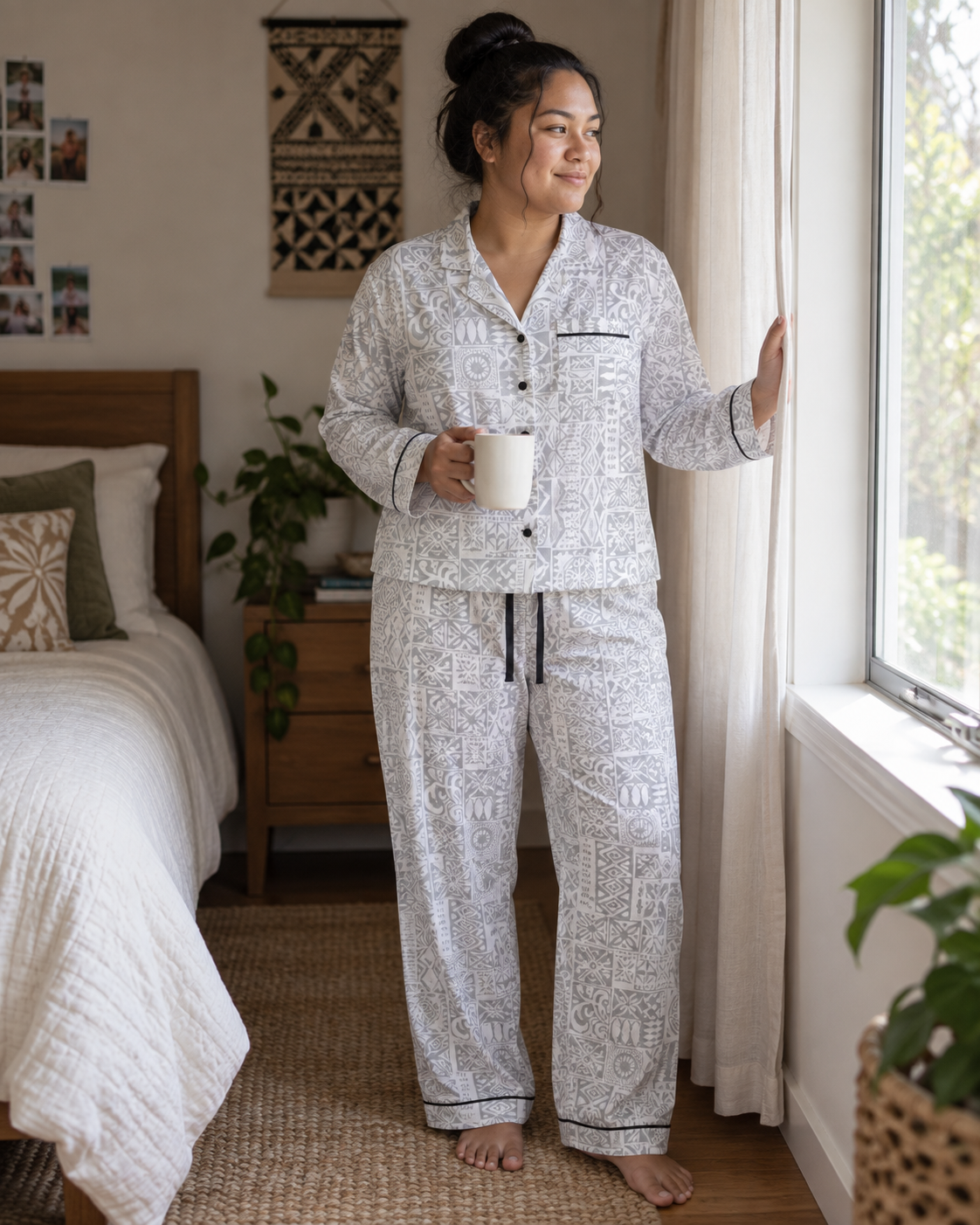 Women's Satin Pyjamas - White Sunday worn in everyday life