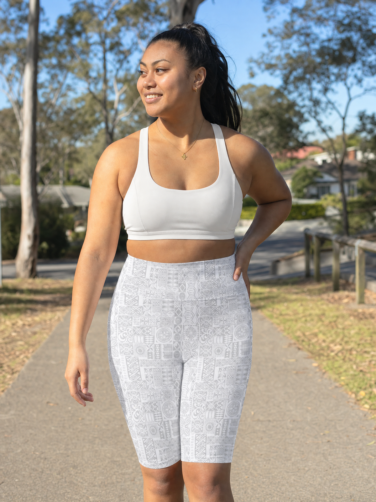 Women's Workout Shorts - White Sunday worn in everyday life