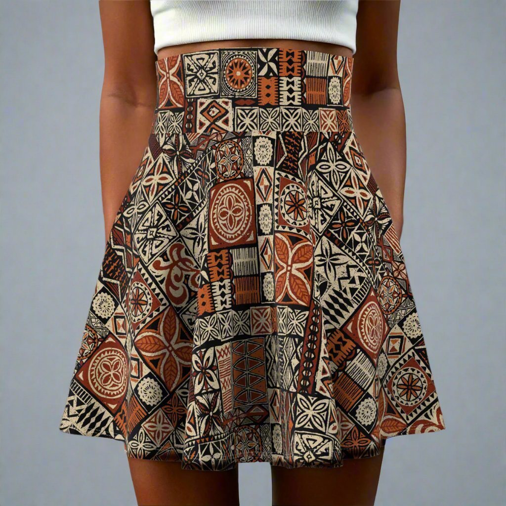 Women's Elei print skater skirt with vibrant tropical pattern, flowing fabric, perfect for casual or summer wear.