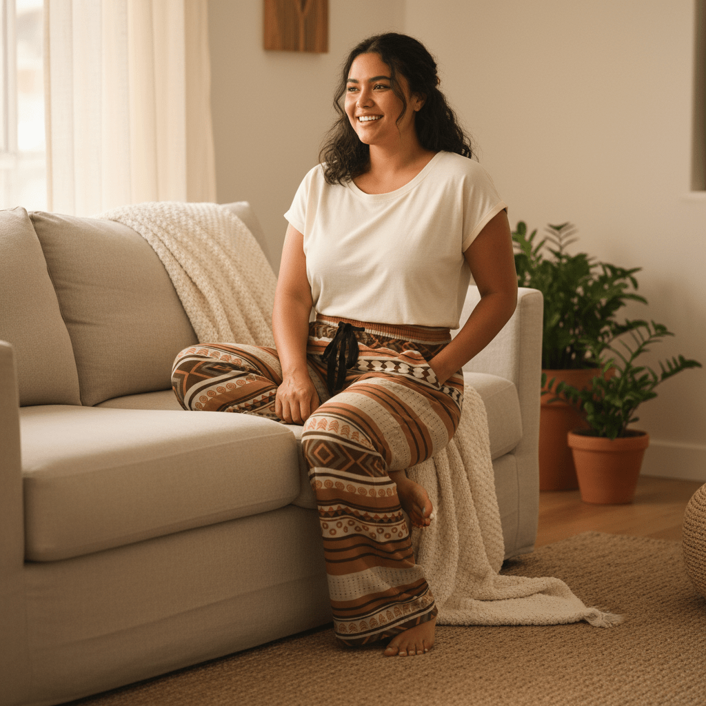 Women's Siapo pajama pants by MWW on Demand, featuring traditional patterned fabric, comfortable fit, and relaxed style.