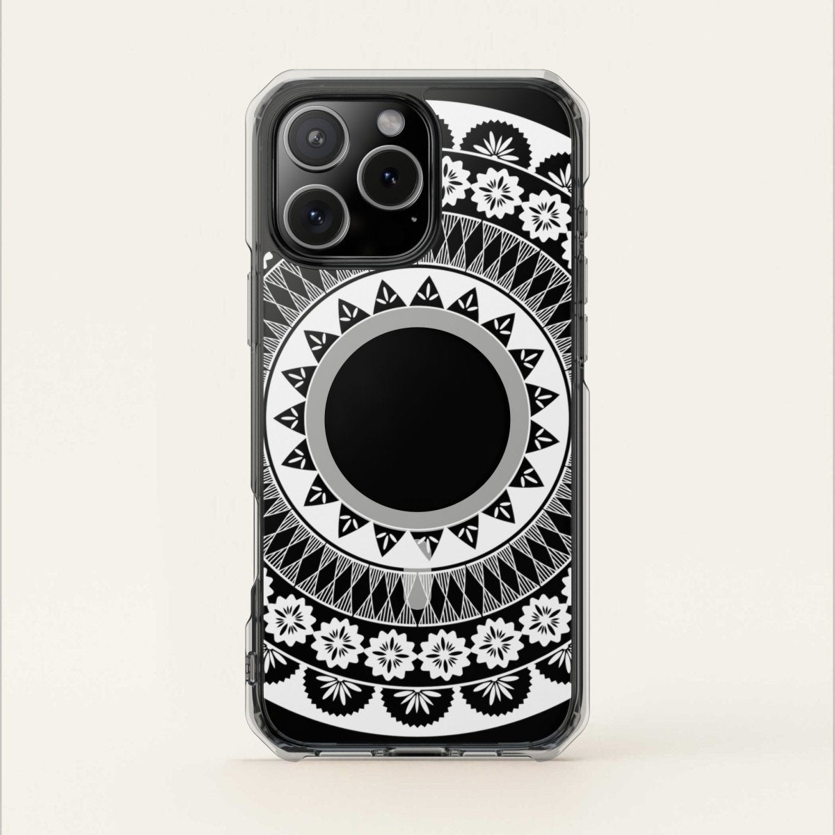 WOYC PasifikaOne MagSafe clear case for iPhone 16 with Fiji design, transparent protective cover showcasing the phone and Fiji pattern.