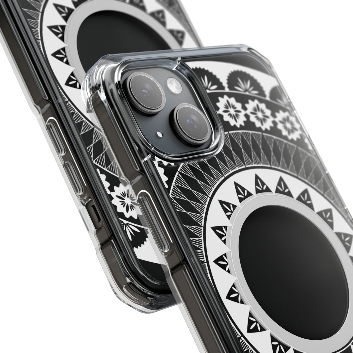 WOYC PasifikaOne MagSafe clear case for iPhone 16 with Fiji design, showcasing a transparent protective cover with colorful island imagery.