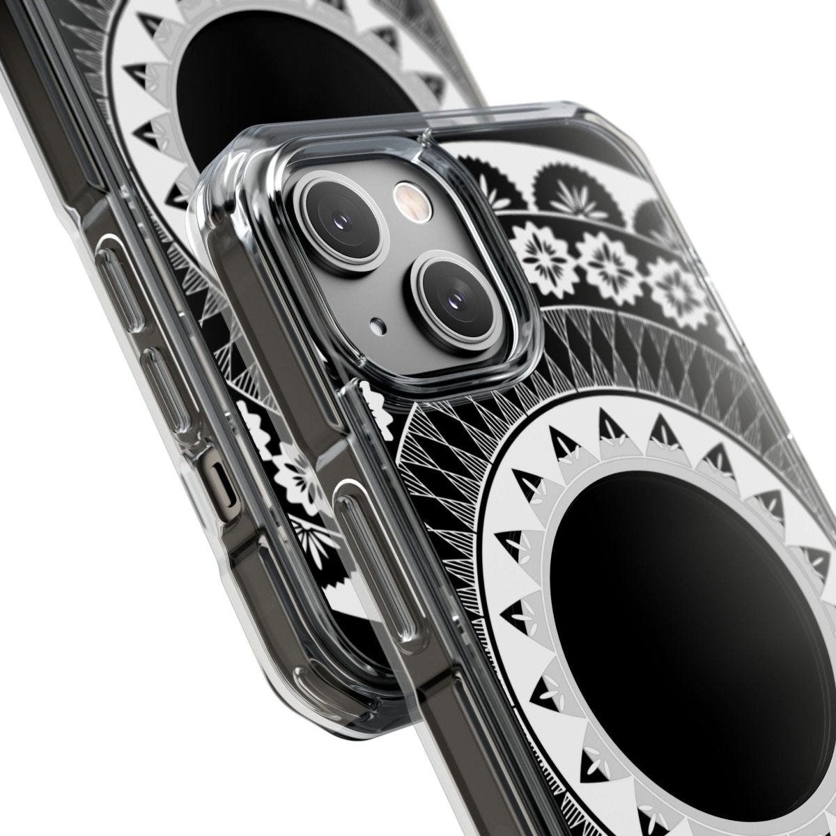 WOYC PasifikaOne MagSafe clear case for iPhone 16 in Fiji design, showcasing transparent material and precise cutouts.