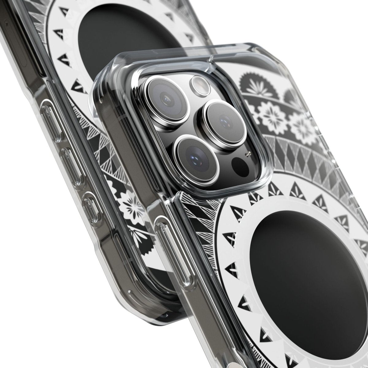 WOYC PasifikaOne MagSafe clear case for iPhone 16 with Fiji design, transparent protective cover showcasing the phone and design details.