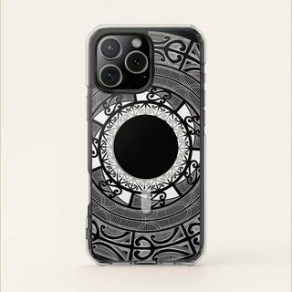 PasifikaOne MagSafe clear case for iPhone 16 featuring Māori design, transparent protection, compatible with AU, NZ, and USA models.