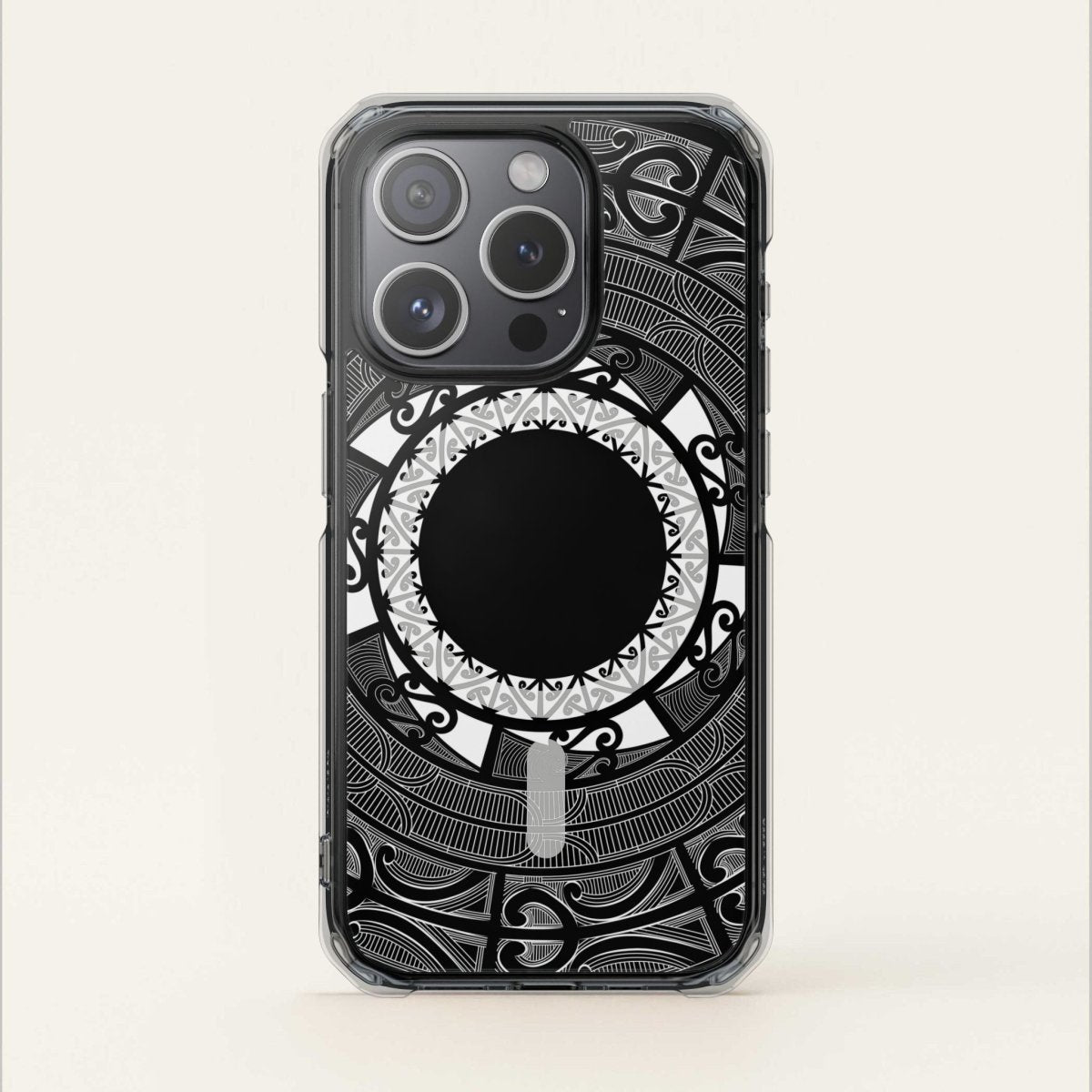 WOYC PasifikaOne MagSafe clear case for iPhone 16 featuring Māori design, transparent cover showcasing the phone and Māori patterns.