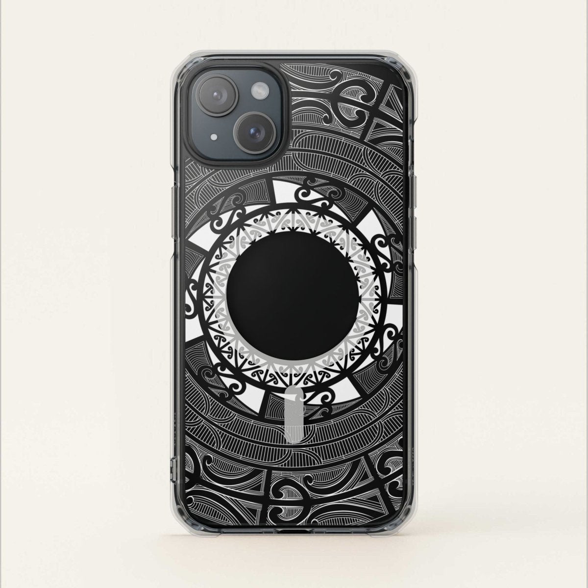 WOYC PasifikaOne MagSafe iPhone clear case with Māori design, compatible with iPhone 16, transparent and protective.