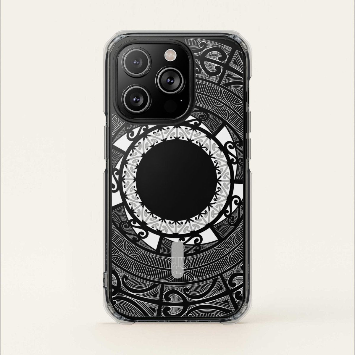 WOYC PasifikaOne MagSafe clear case for iPhone 16 featuring Māori design, transparent protective cover with MagSafe compatibility.