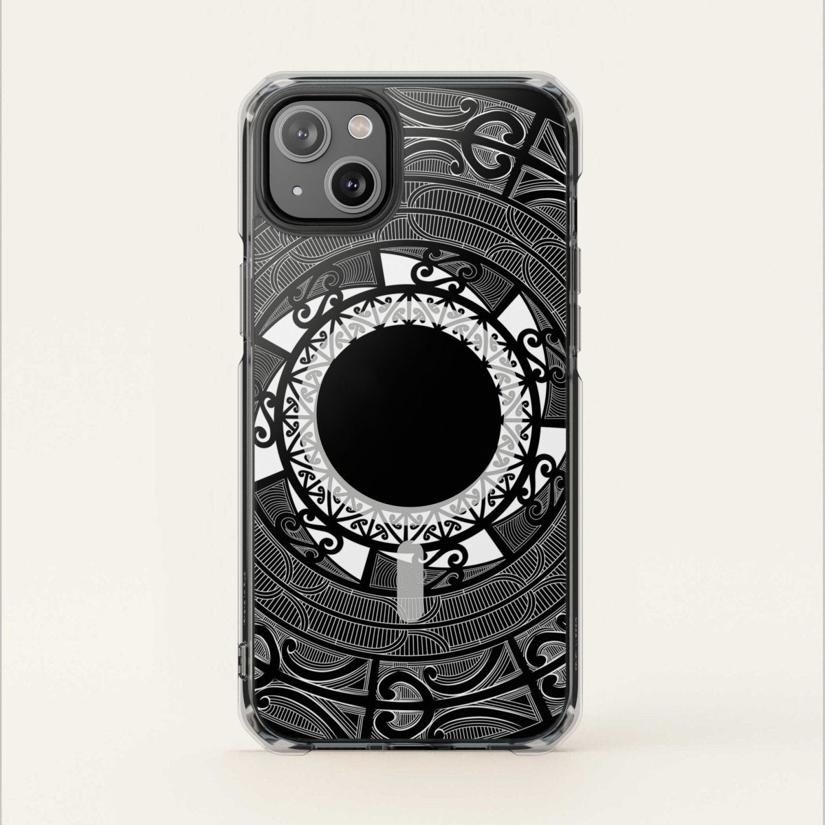 WOYC PasifikaOne MagSafe clear case for iPhone 16 featuring Māori design, transparent protective cover with magnetic alignment.