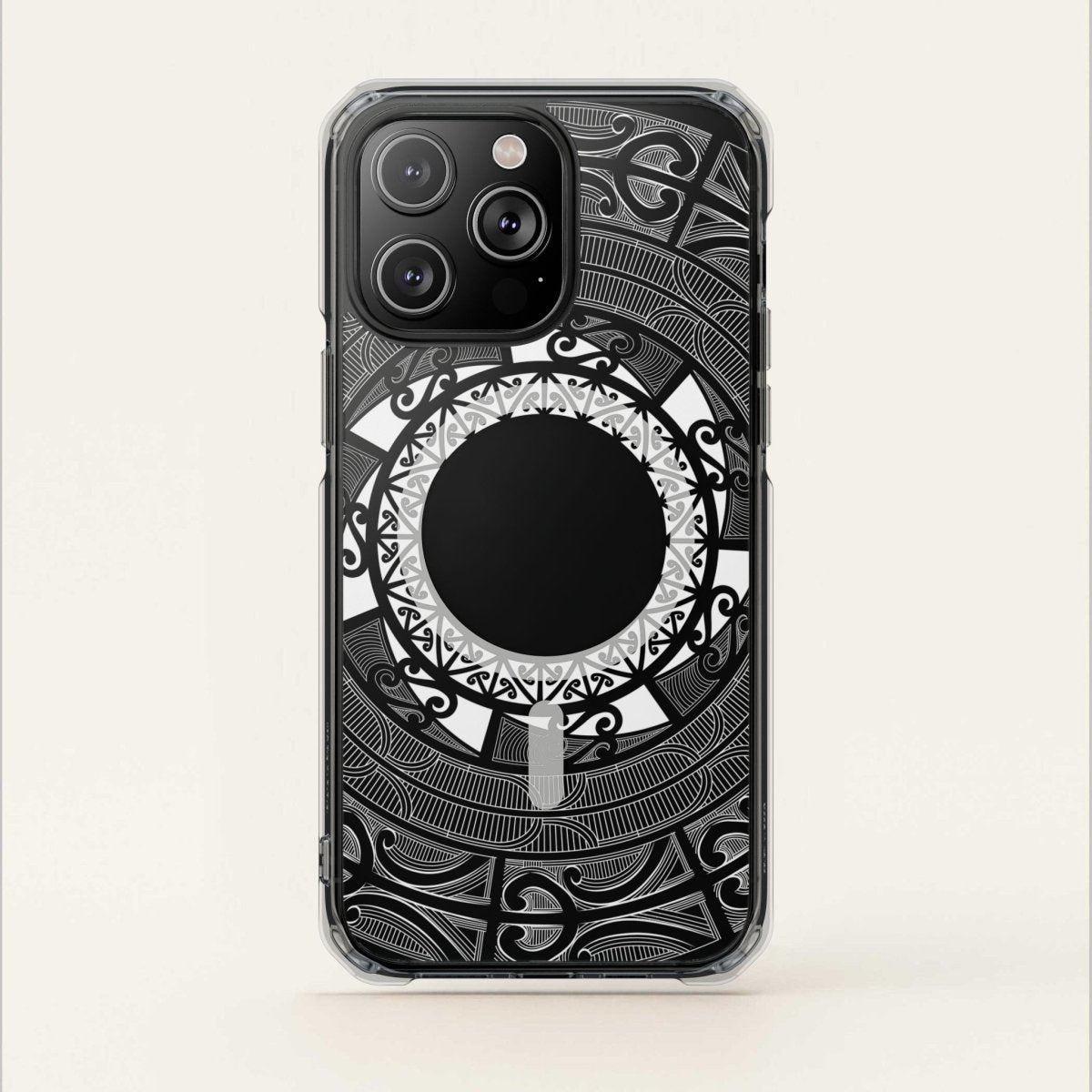 WOYC PasifikaOne MagSafe clear case for iPhone 16, featuring Māori design, transparent protective cover, and magnetic compatibility.