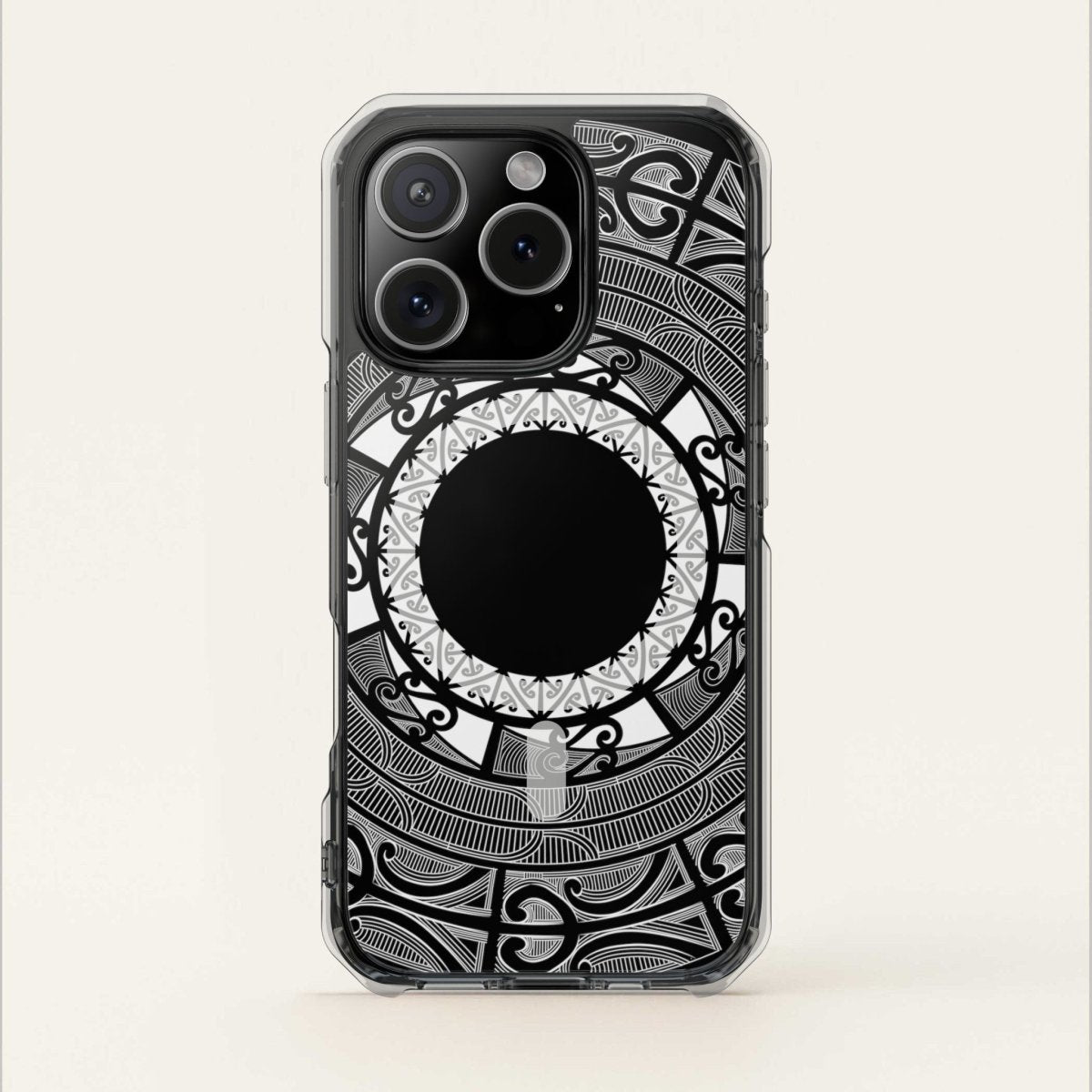 WOYC PasifikaOne MagSafe clear case for iPhone 16 featuring Māori-inspired design, transparent protective phone case.