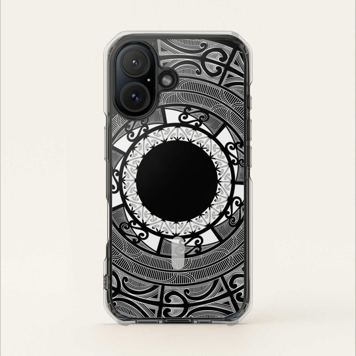 WOYC PasifikaOne MagSafe clear case for iPhone 16 featuring Māori design, transparent protective cover with MagSafe compatibility.