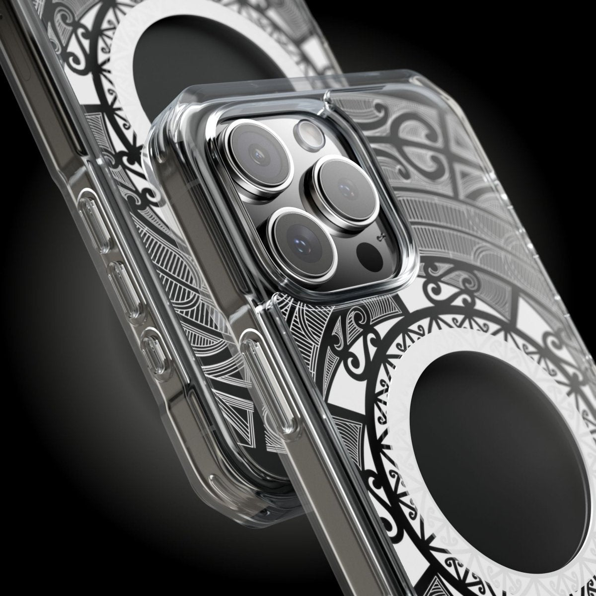 WOYC PasifikaOne MagSafe clear case for iPhone 16 featuring Māori design, transparent protective Magsafe case.