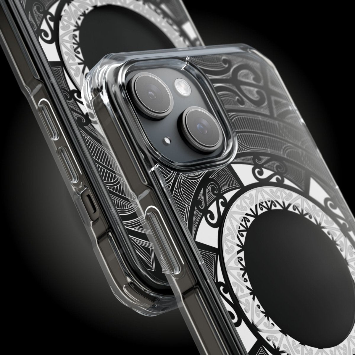 WOYC PasifikaOne MagSafe clear case for iPhone 16 with Māori design, transparent and protective, compatible with AU, NZ, and USA models.