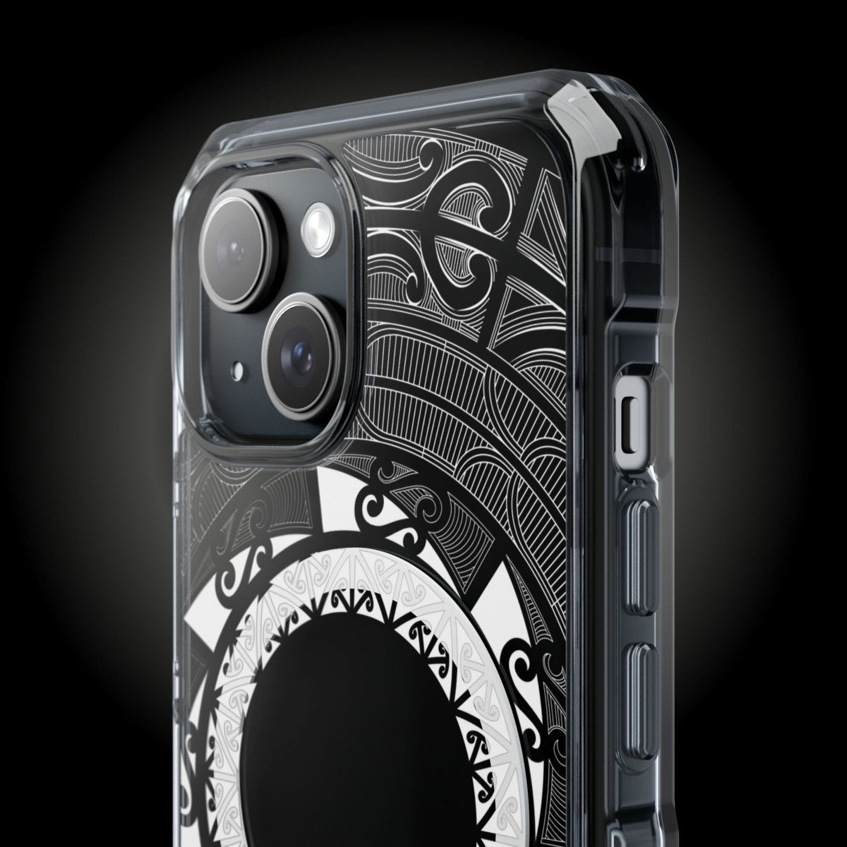 WOYC PasifikaOne MagSafe clear case for iPhone 16 featuring Māori-inspired design, transparent protection, compatible with AU, NZ, and USA.