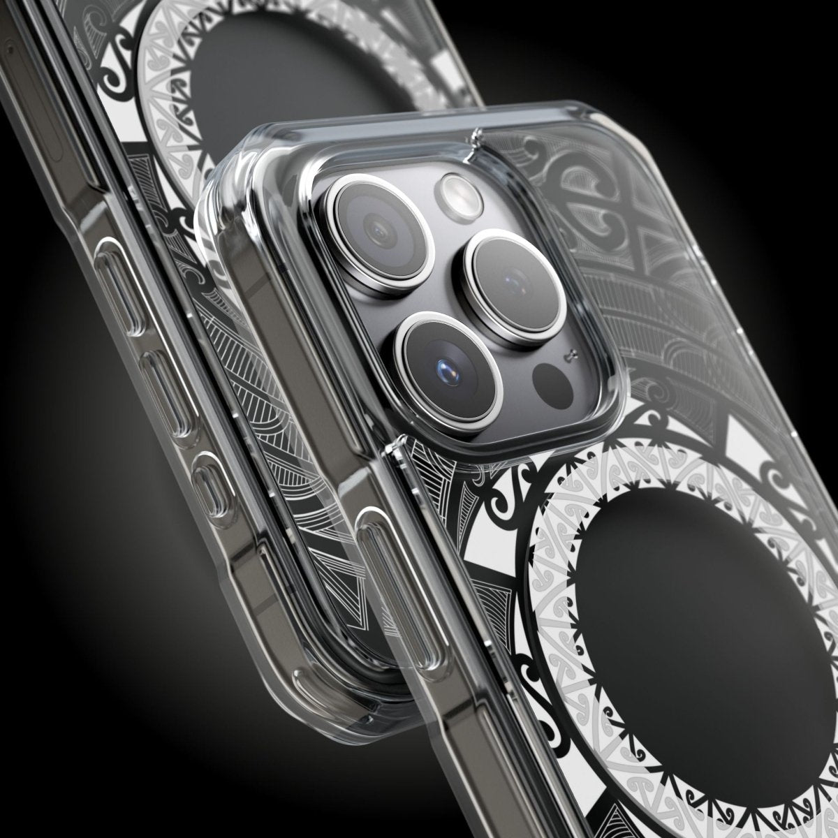 WOYC PasifikaOne MagSafe clear case for iPhone 16 featuring Māori design, transparent protective cover with MagSafe compatibility.