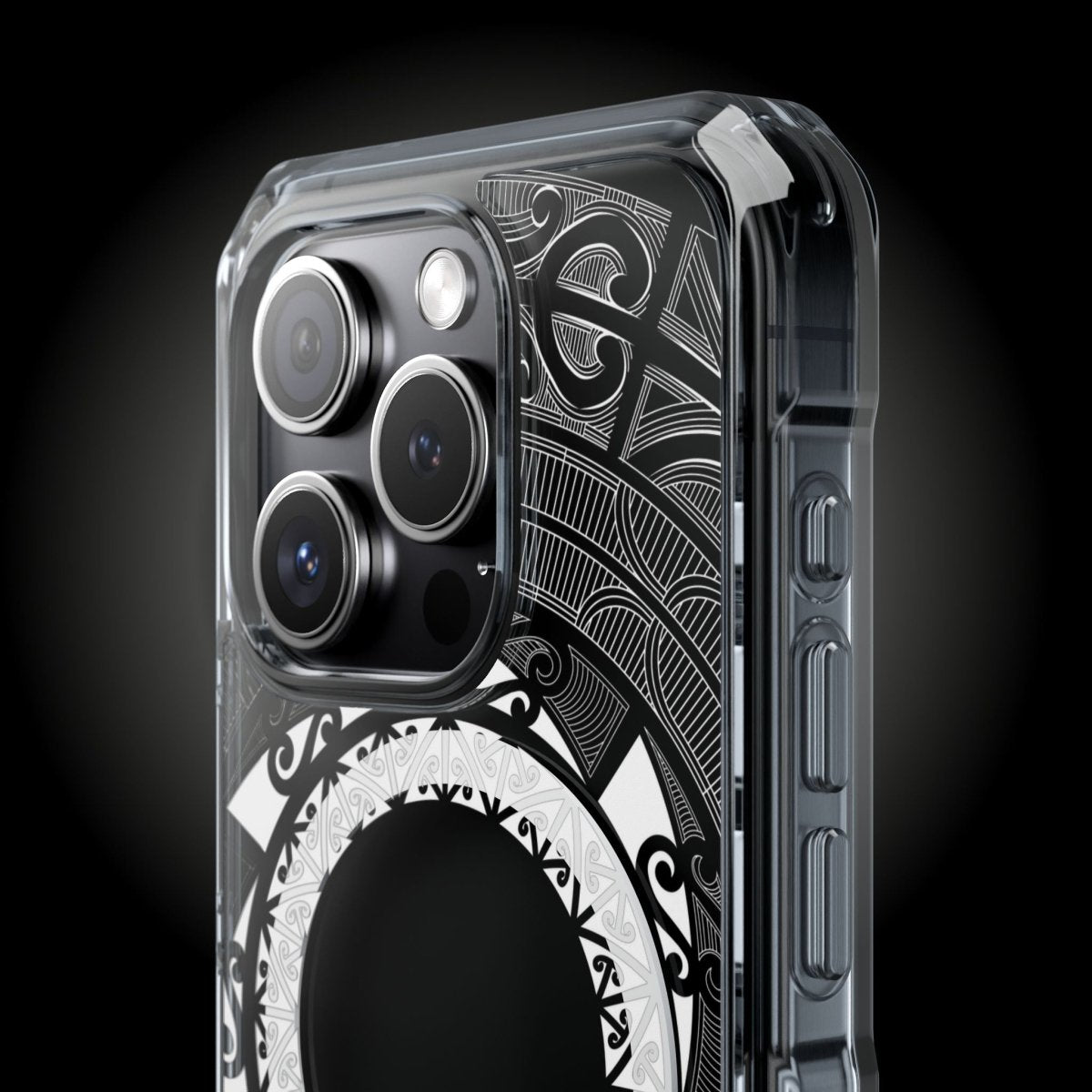 WOYC PasifikaOne MagSafe clear case for iPhone 16 featuring Māori design, transparent protective cover with MagSafe compatibility.