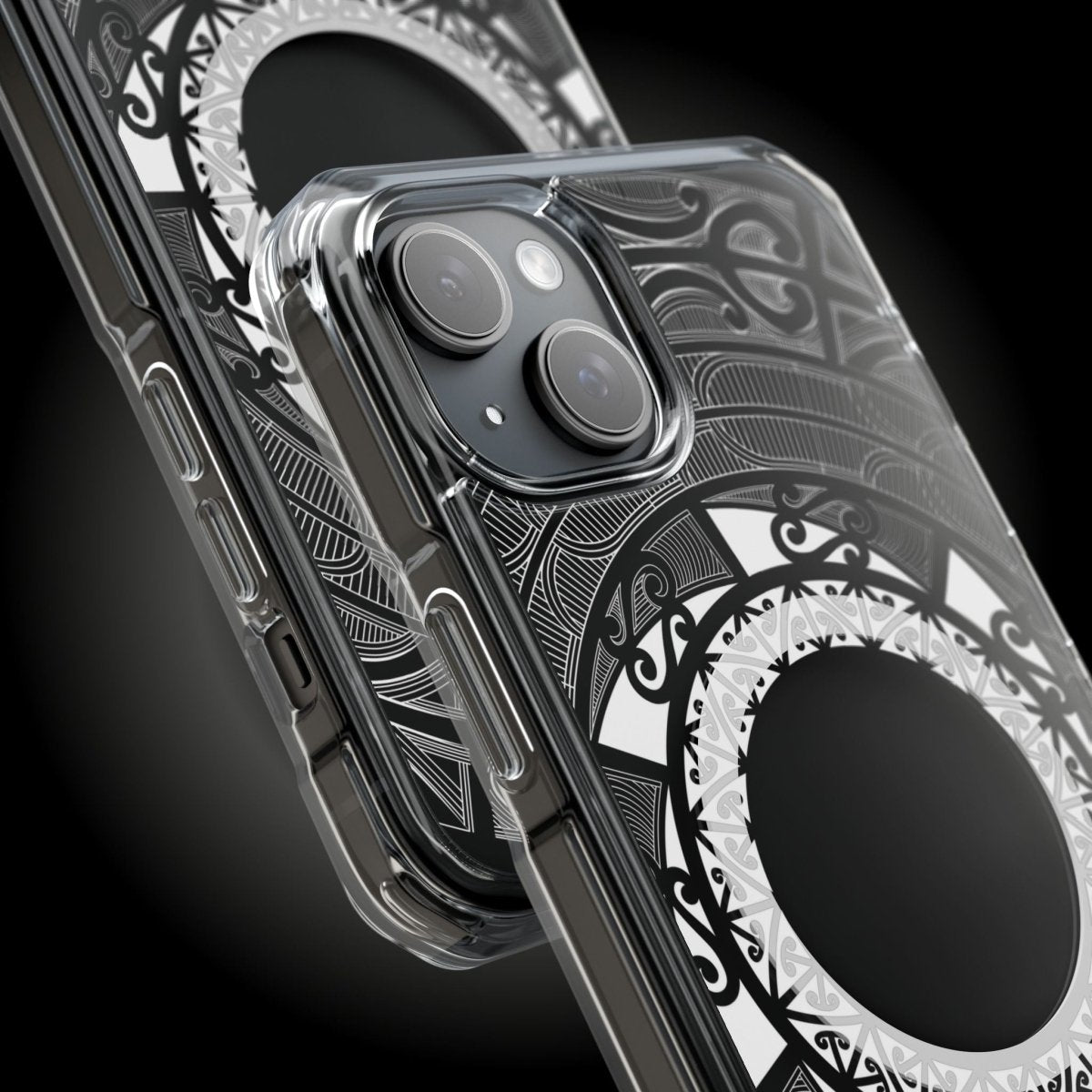 WOYC PasifikaOne MagSafe clear case for iPhone 16, featuring Māori design, transparent cover, compatible with AU, NZ, and USA models.