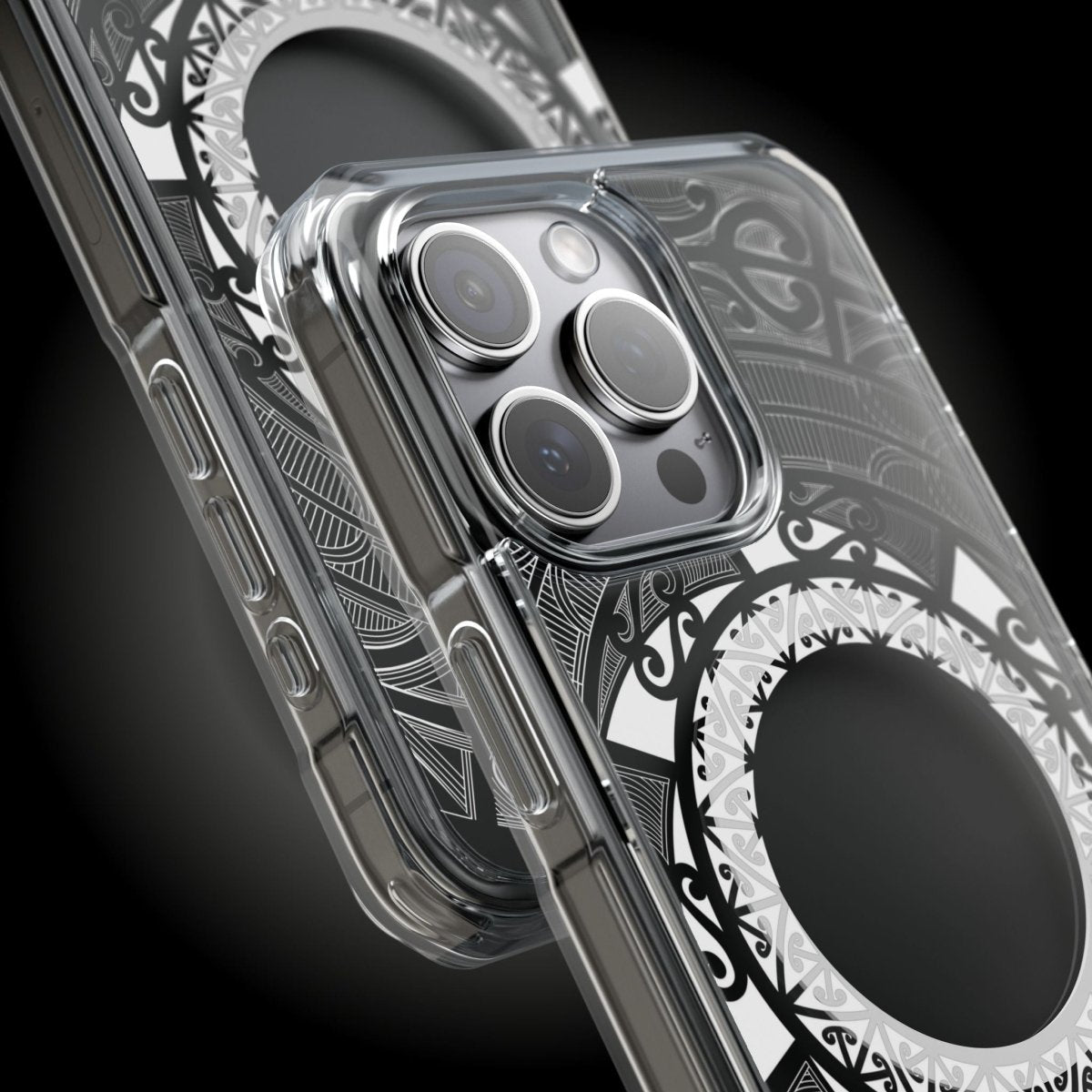 WOYC PasifikaOne MagSafe clear case for iPhone 16 featuring Māori design, transparent protective cover with MagSafe compatibility.