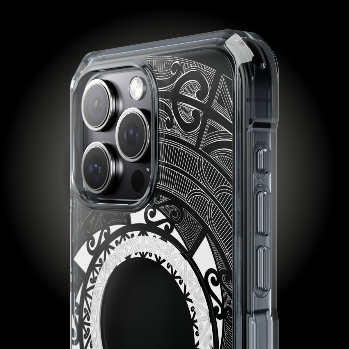 WOYC PasifikaOne MagSafe iPhone clear case with Māori design, fits iPhone 16, transparent with cultural Maori artwork visible.