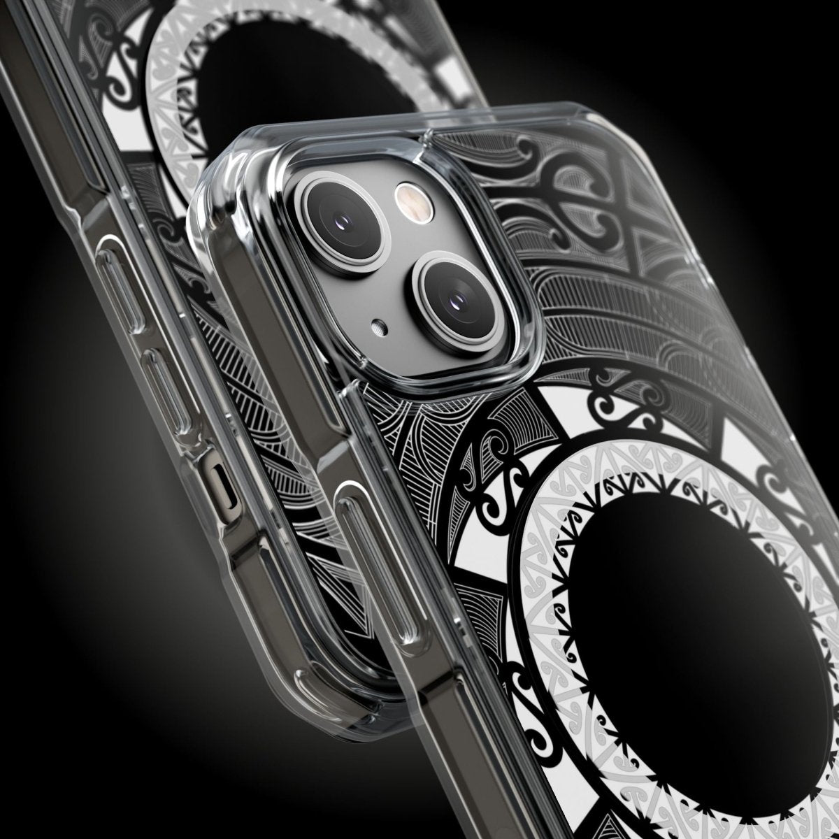 WOYC PasifikaOne MagSafe clear case for iPhone 16 featuring Māori design, transparent protective cover with magnetic compatibility.