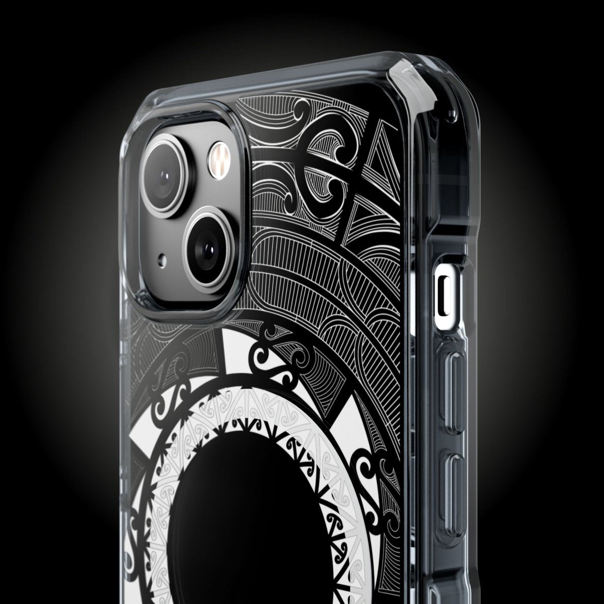 WOYC PasifikaOne MagSafe clear case for iPhone 16 featuring Māori-inspired design, transparent protective cover for iPhone.